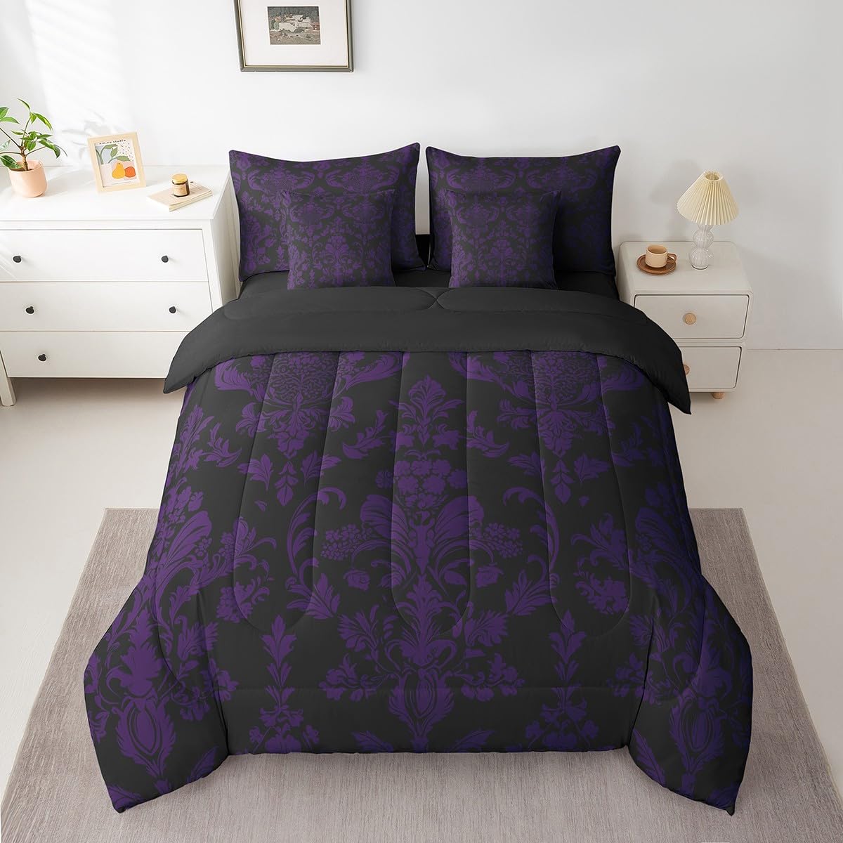 Feelyou Purple Black Vintage Damask Floral Comforter Set with Sheets Gothic Bohemia Floral 7 Piece Bedding Set Full Size for Kids Boys Girls Oriental
