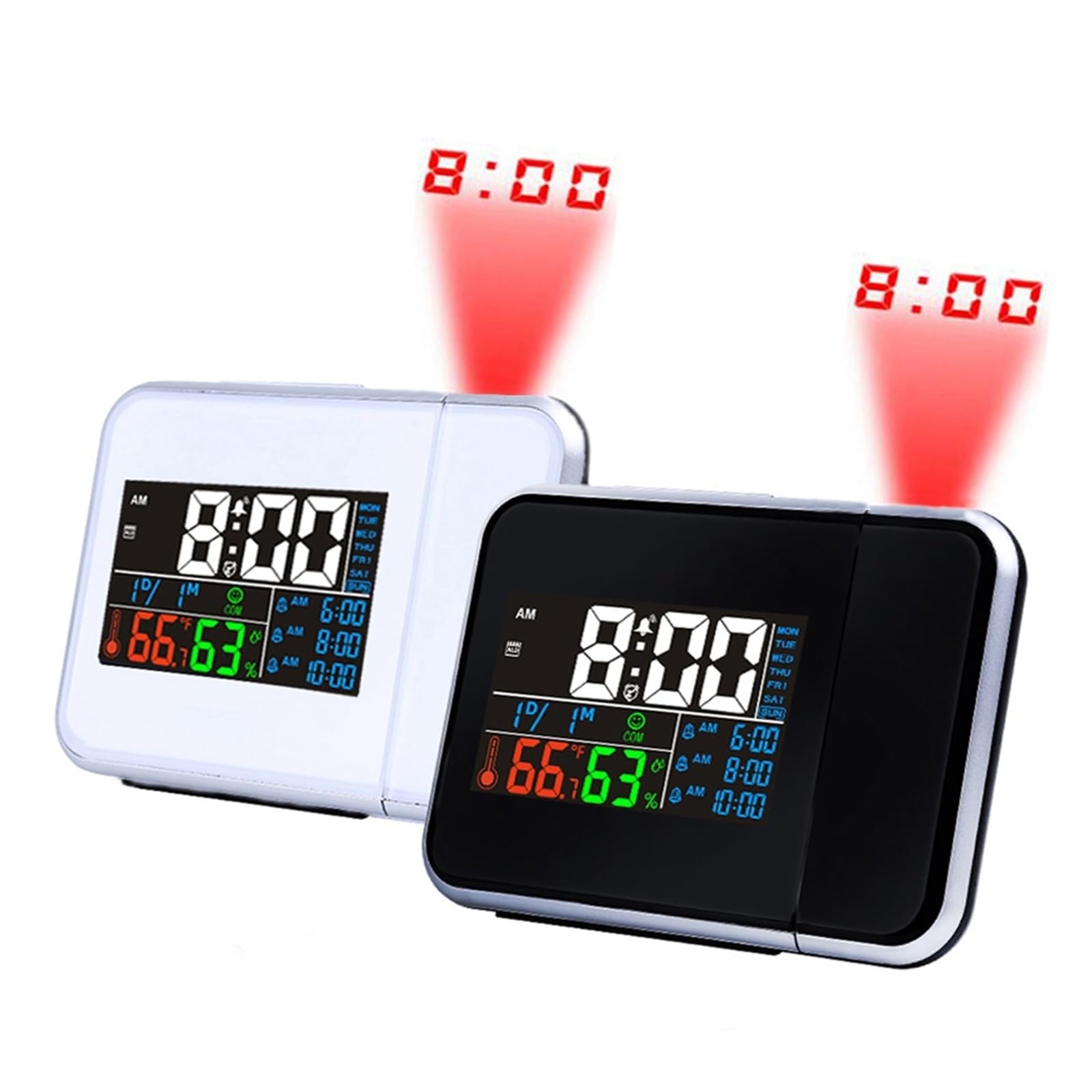 Reloj Despertador con Proyección Digital LED, Termómetro De Temperatura, Indicador Fecha Y Hora Escritorio, Proyector, Calendario, Cargador USB, Led Mesa ProyeccióN NíTida(White with USB)