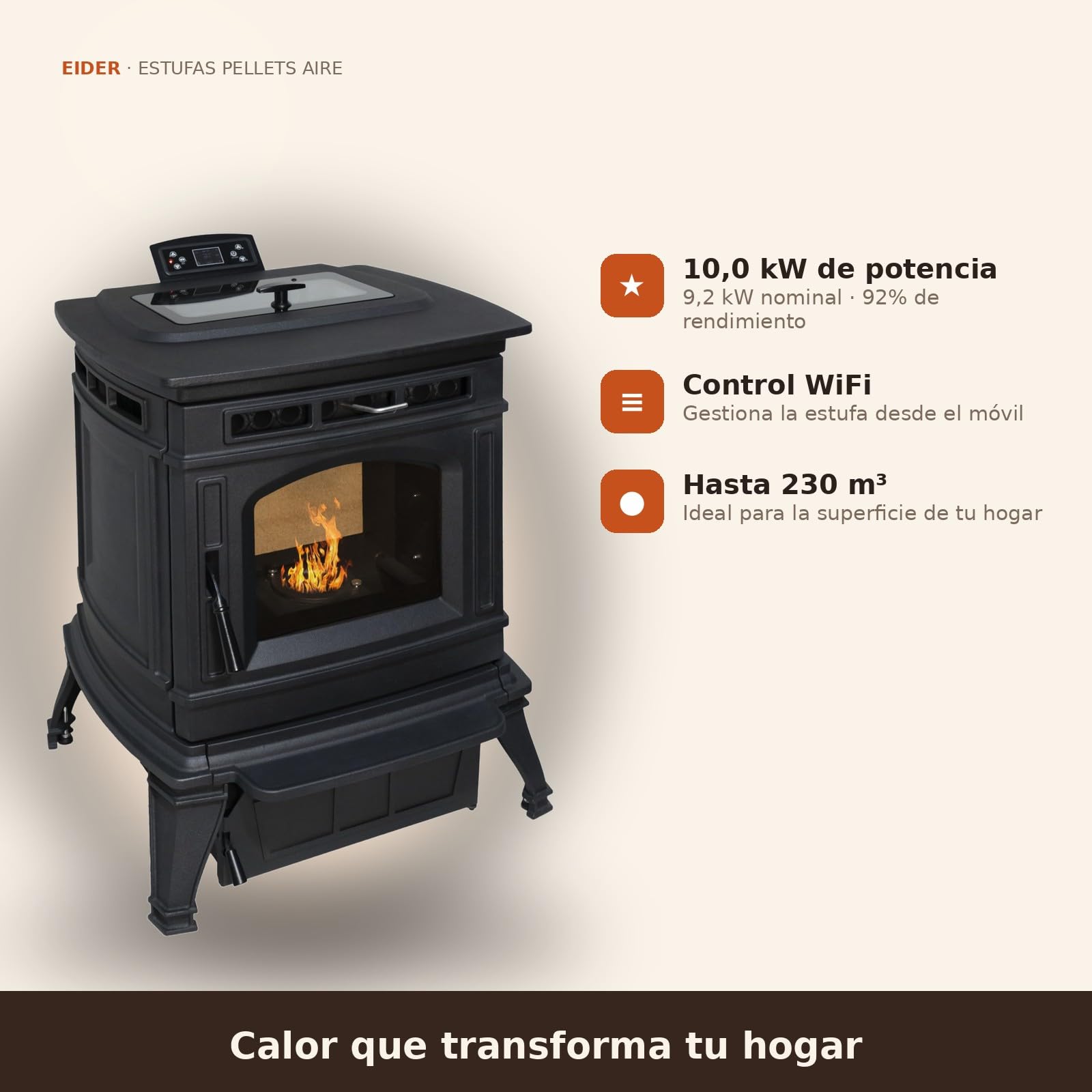 EIDER BIOMASA Estufa de Pellets MÁXIMA FUNDICIÓN – 10 kW – Cuerpo Hierro Fundido – Tolva 15 kg – Hasta 230 m³ – Programable – Encendido Rápido – Clase A+