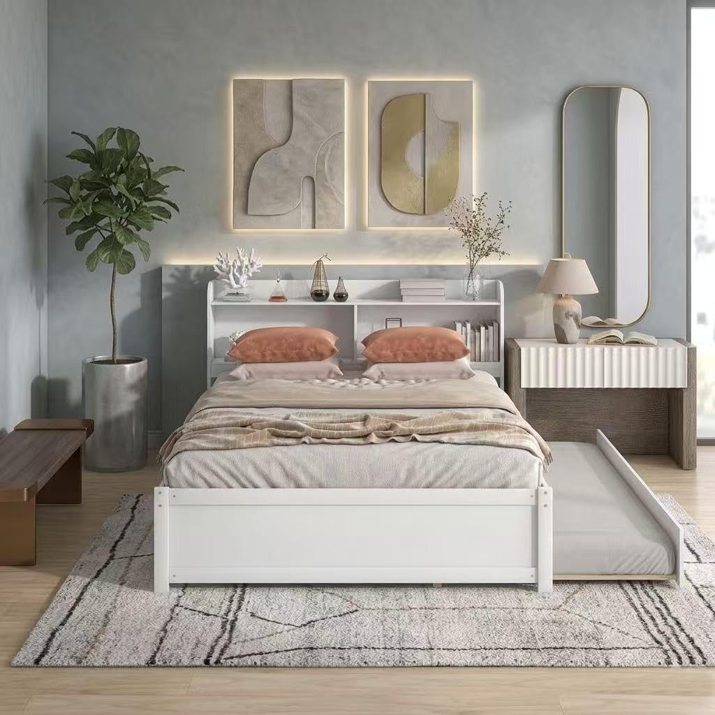 White Full Bed with Trundle and Storage Headboard, Platform Bed, Pine Wood,Modern Rectangular Design,Ideal for Bedroom& Guest Room,83” Lx57.5”Dx35.7”H