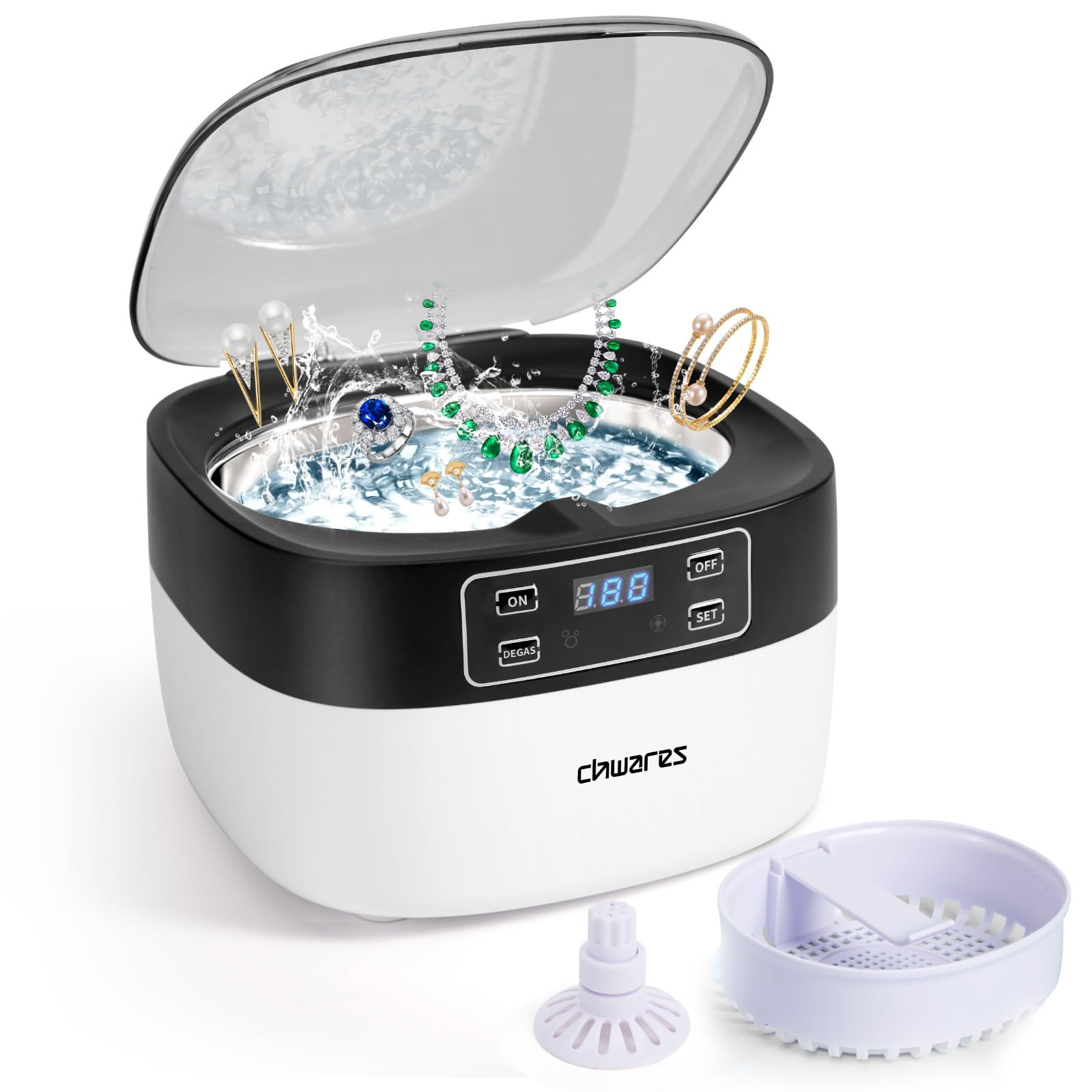 CHWARES Ultrasonic Jewelry Retainer Cleaner for Home, 40kHZ Ultrasonic Cleaner with Degas for Coins, Eyeglass, Watch, and CD, 5 Time Setting, LED Touch Screen, 25 oz