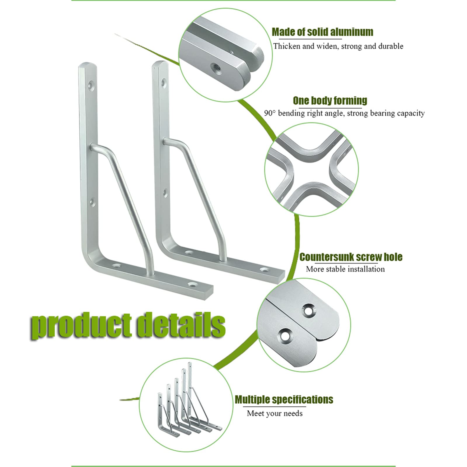 Soportes Estante Plateados,Soporte Estanteria Flotantes(Pcs2),Esquina Soporte Metal,Aleación de Aluminio Sólido,Anticorrosión+Antióxido,Tornillo,400 * 215mm