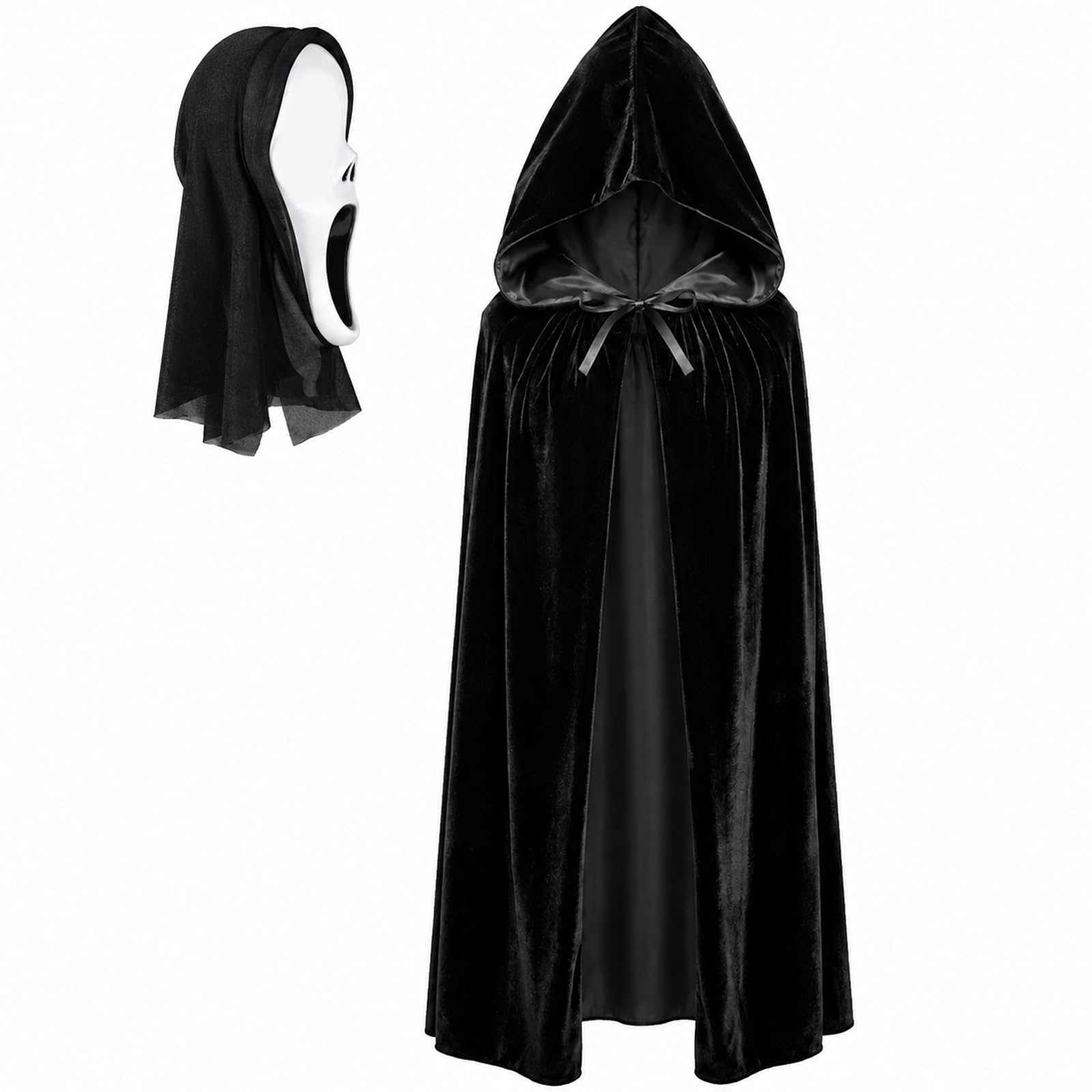 JoyIxtvzq Scream Ghost Mask Halloween Costume Set with Hooded Velvet Cloak