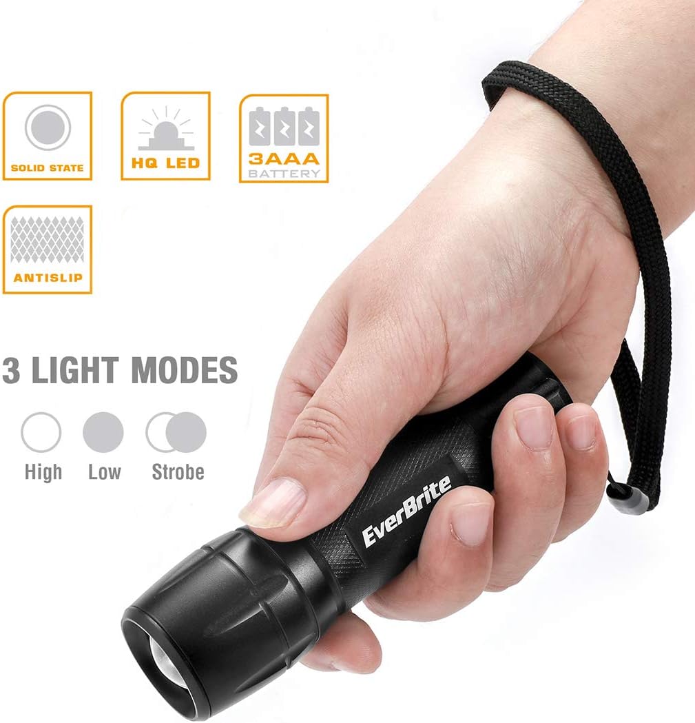 EverBrite LED Mini Flashlight 2 Pack Zoomable LED Torch, Water Resistant, 3 Modes High/Low/Strobe, Pocket Size, Batteries Included - - 