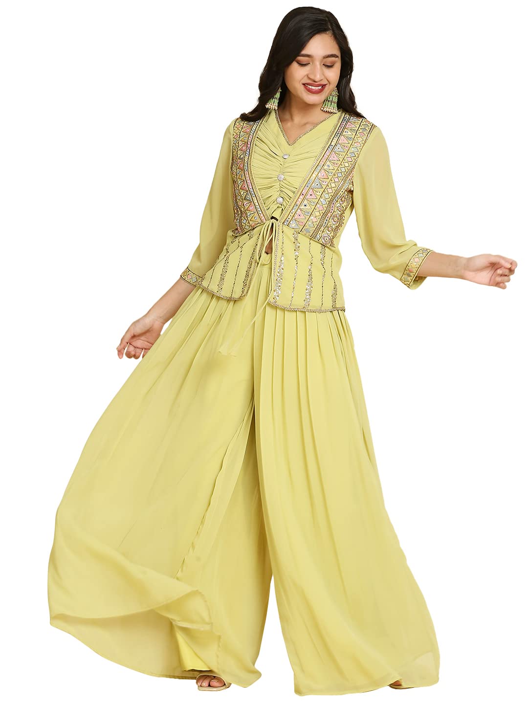 madhuram textiles madhuram Women's Loose Palazzo and Crop Top with Short Jacket Set for Solid with Heavy Embroidery Work Palazzo Set(M-2425)-picture-11