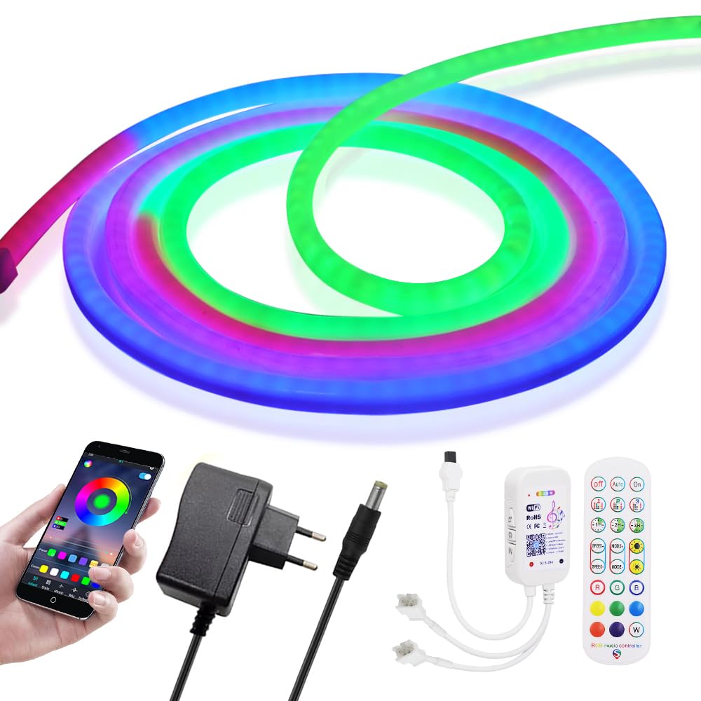 24V RGB Neon LED Streifen, Wifi Wireless Smart Phone Gesteuert, WS2811 Adressierbare Wasserdicht Diffusion Silikon Neon Flex LED Schlauch, Kompatibel mit Alexa Google Assistant (10M)