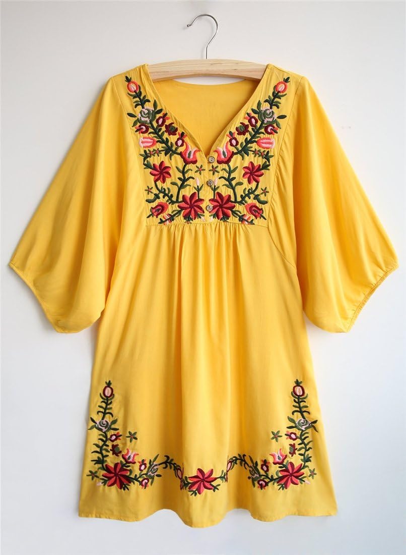 Kafeimali Summer Dress V Neck Mexican Embroidered Peasant Women's Dressy Tops Blouses - Image 3