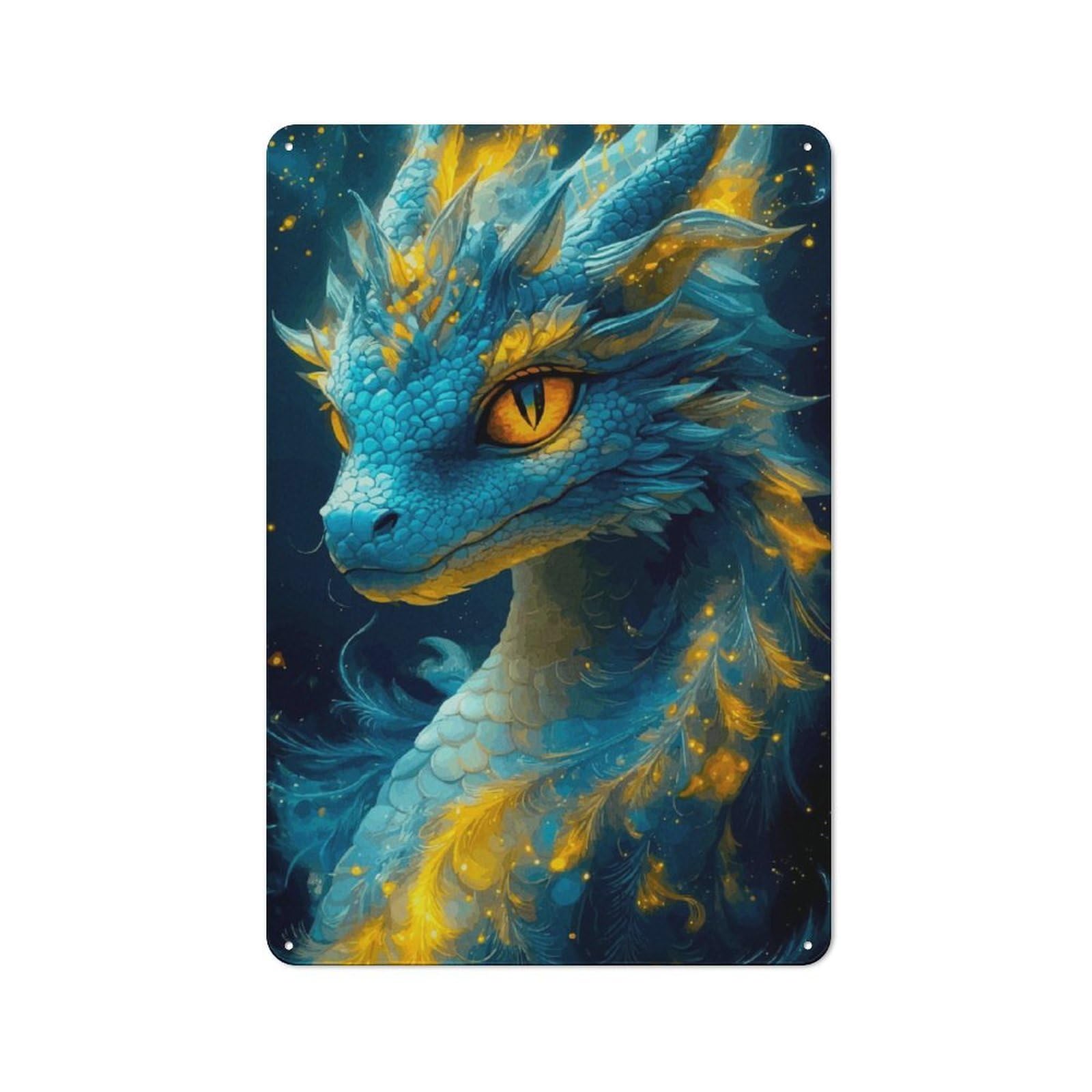 Metal Wall Sign 30x20cm Featuring Dragon Blue Aimal for Living Room Wall, for Metal Sign Collectors, for Garage And Workshop Walls