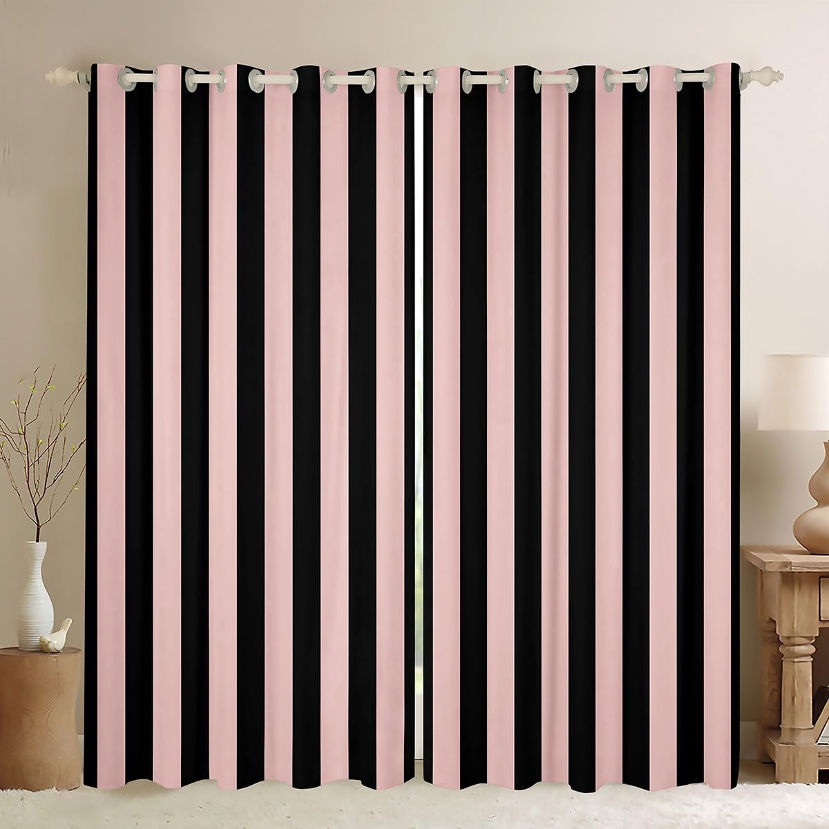 Homemissing Kids Light Pink Black Curtain (2 Panels, W66*L90) Abstract 30%-50% Blackout Shades for Boys Girls Teens Bedroom Decor Stripes Window Drapes Breathable Soft Microfiber Women Men Geometric โ image 1