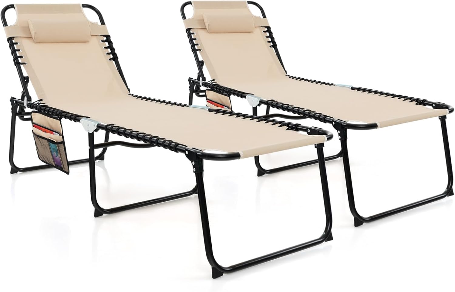 Giantex Patio Lounge Chairs for Outside - Set of 2 Folding Tanning Chair w/Headrest, 4 Adjustable Positions, Side Pocket, Outdoor Chaise Lounge for Camping, Pool, Sunbathing Beach Chair, Beige