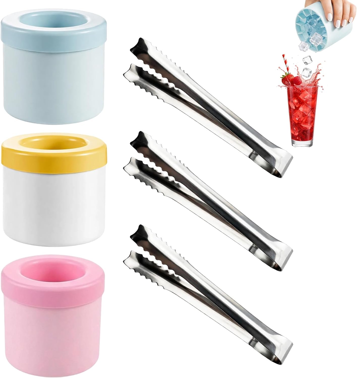 Small Ice Cube Tray with Lid,3 pcs Mini Ice Cube Trays and 3 pcs Ice Tongs, Round Ice Cube Tray for Whiskey Cocktails and Home Bars, Space-Efficient Freezer Storage Solution