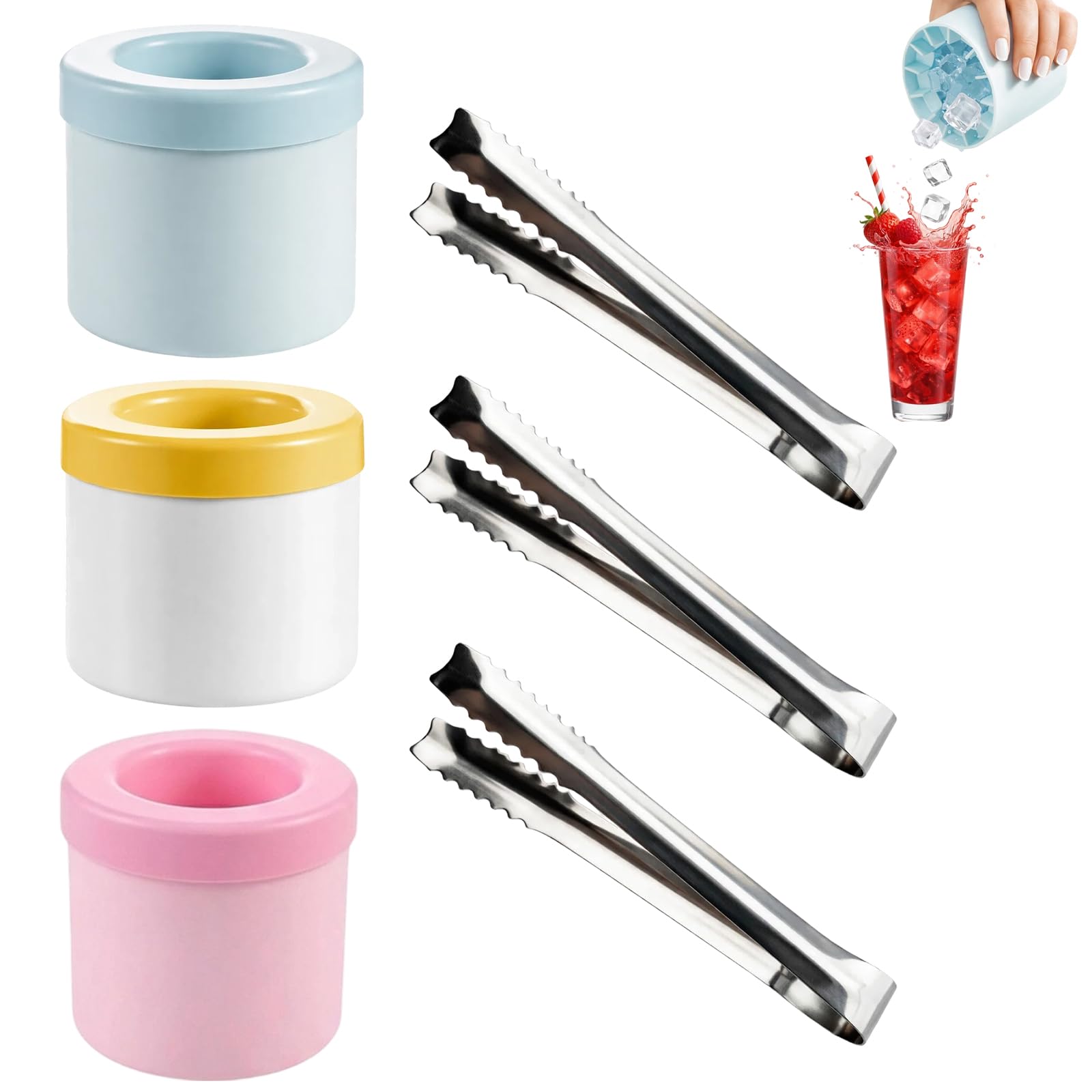 Small Ice Cube Tray with Lid,3 pcs Mini Ice Cube Trays and 3 pcs Ice Tongs, Round Ice Cube Tray for Whiskey Cocktails and Home Bars, Space-Efficient Freezer Storage Solution