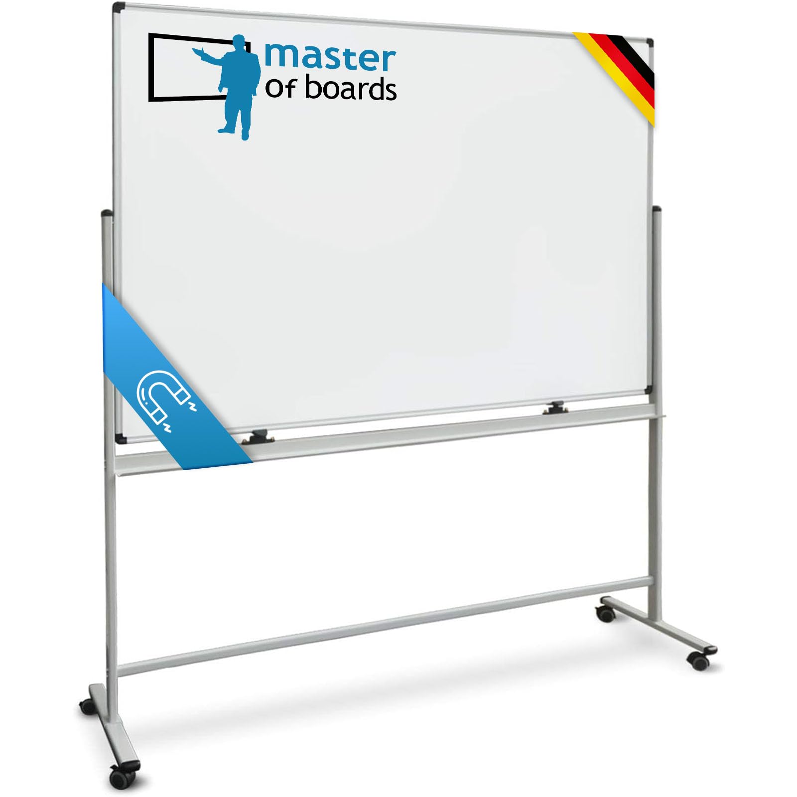Lavagna magnetica mobile, con telaio e superficie con vernice protettiva, ruote girevoli 120x220 cm bianco