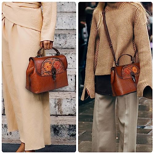 Image of Genuine Leather Satchel for Women Top Handle Bags Handmade Purse Vintage Embossed Leather Crossbody Handbags Hobo Bag