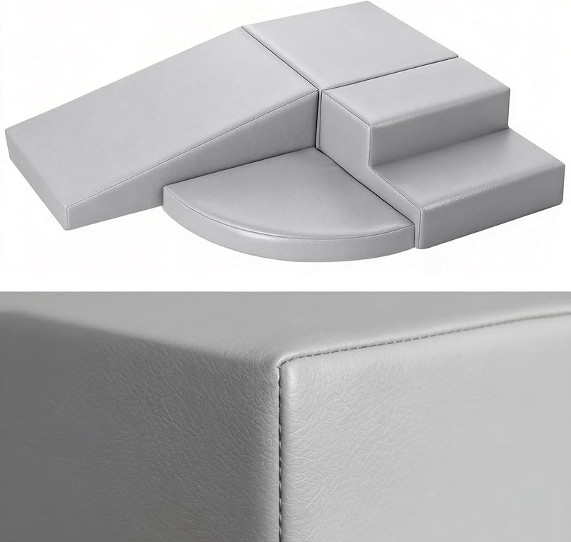 JungleDove Bloques de Escalada de Espuma para Bebés de Cuero PU de 4 Piezas para Niños Pequeños - Juguetes de Escalada de Juego Suave para Niños Pequeños - Juego de Escalada de Espuma para Gatear y Deslizarse en Interiores (Gris)
