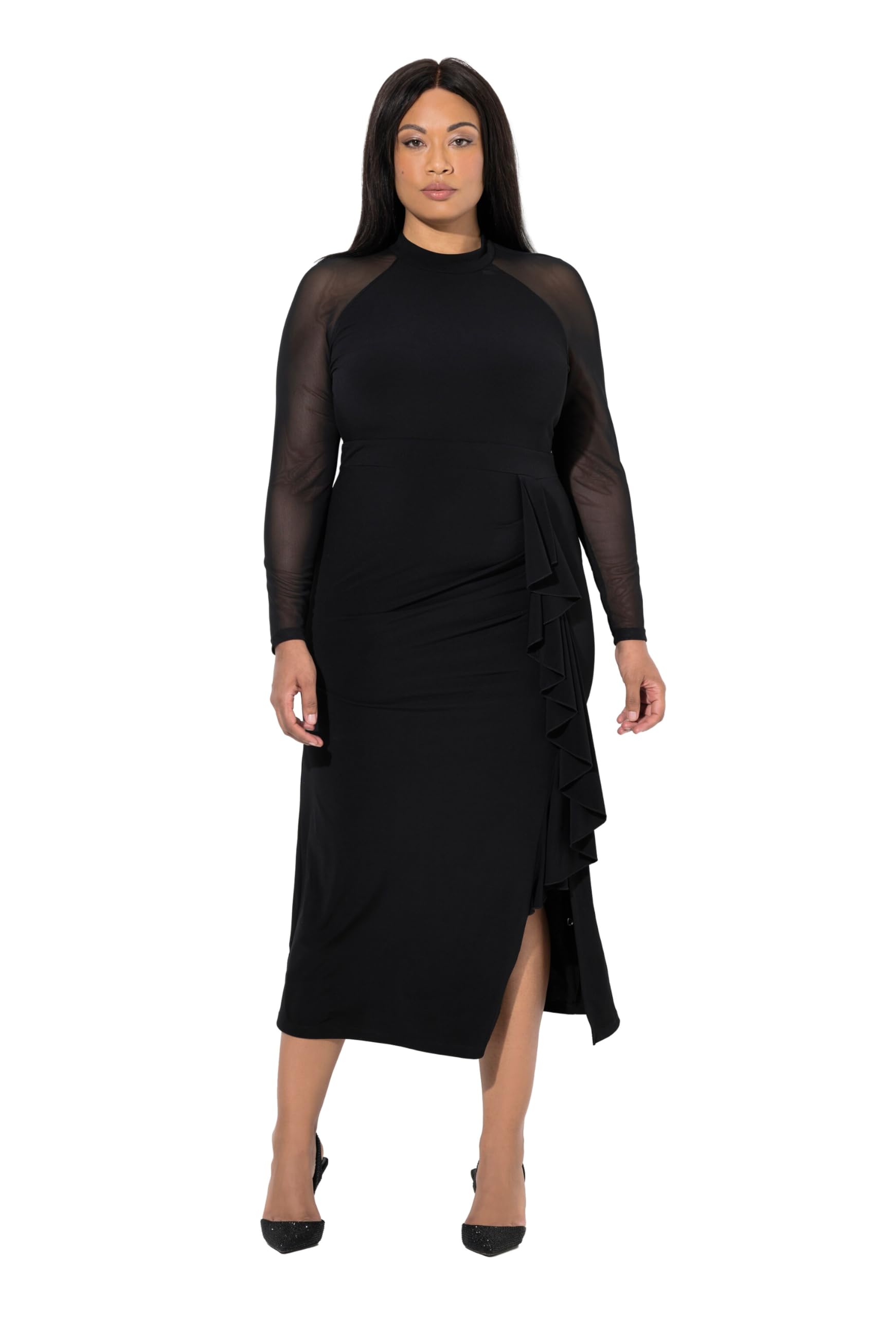 Ulla Popken Damen große Größen Übergrößen Plus Size Maxikleid, drapiert, Stehkragen, Raglan-Langarm 847405
