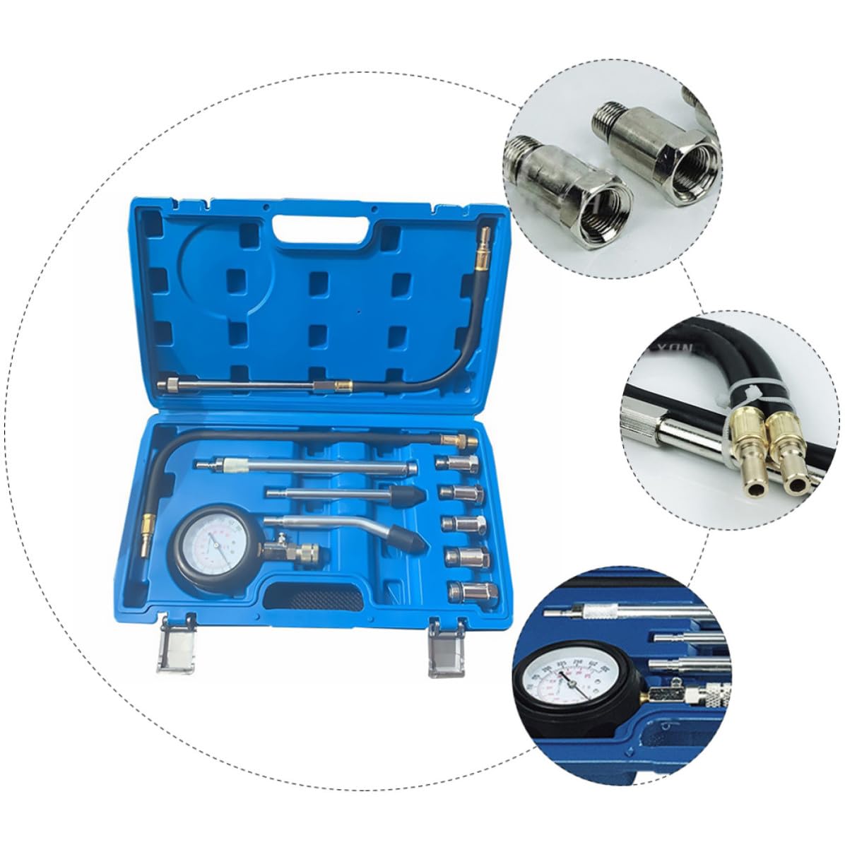 Probador de Compresión de Cilindros para Motores de Gasolina, Medidor de Presión de Motor, Azul, 0-300 Psi/0-, Identifica Pistones Dañados, Adaptadores Roscados y Extensiones