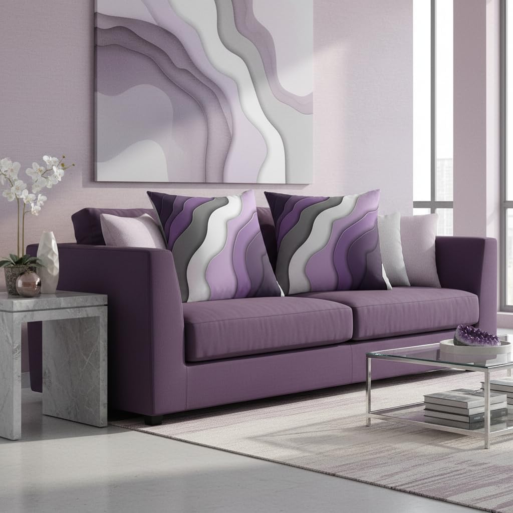 Abstract Style Oil Painting Pillow Cover Reversible Print for Bed or Sofa,Purple Grey Gradient Flag Waves Pattern Decorative Cushion Cover,Fashion Ombre Geometric Couch Pillow Cover,2 Pack 24"x 24" image 3