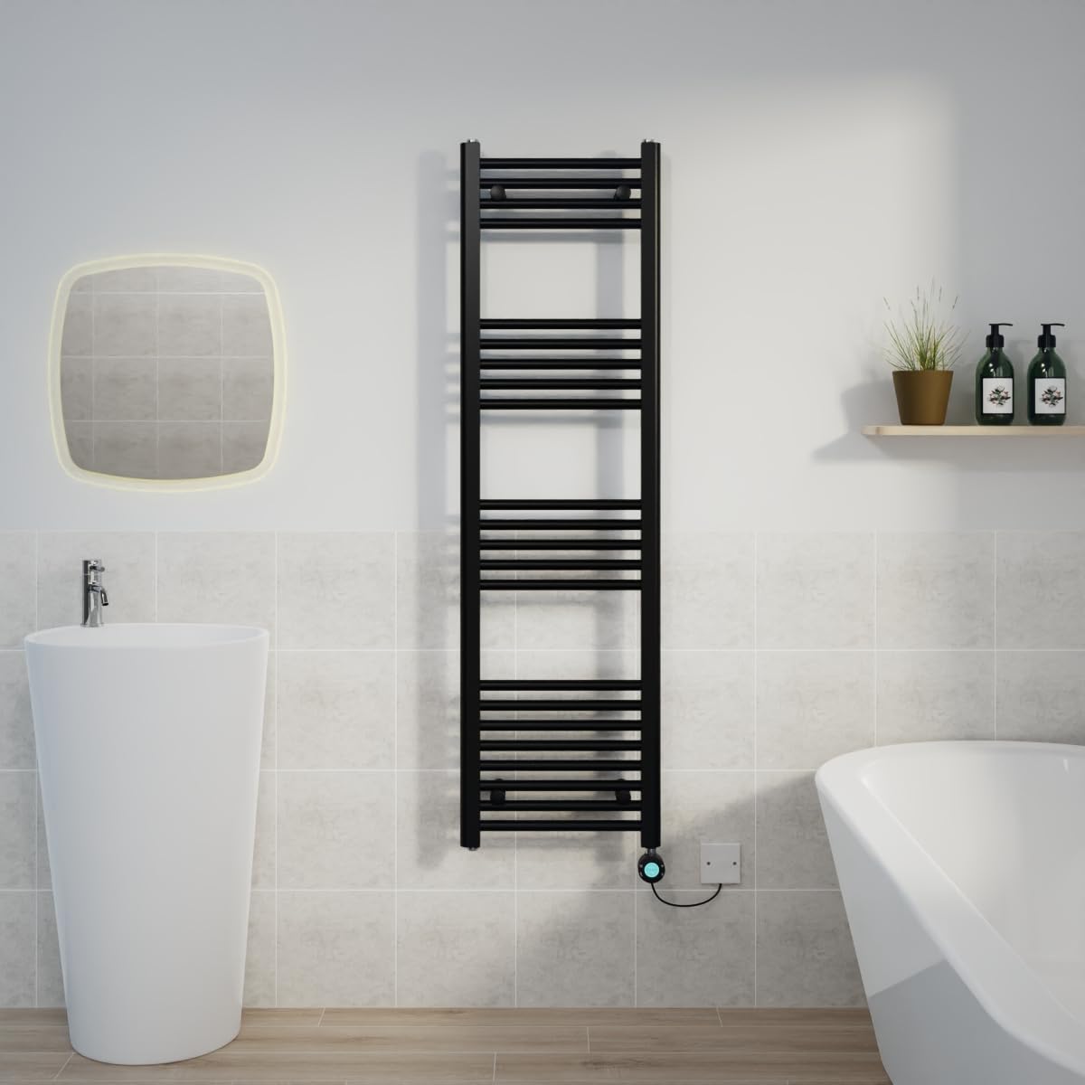 Warmehaus Black Electric Heated Towel Rail Straight Thermostatic Bathroom Towel Radiator with Timer - 1400x400mm 800W
