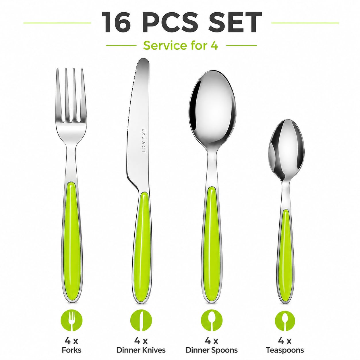 EXZACT Rostfrei Stahl Besteck Set einem Plastikhalter 16 PCS - Farbige Griffe - 4 Gabeln, 4 Messer, 4 Löffel, 4 Teelöffel - Grün (EX07 x 16)