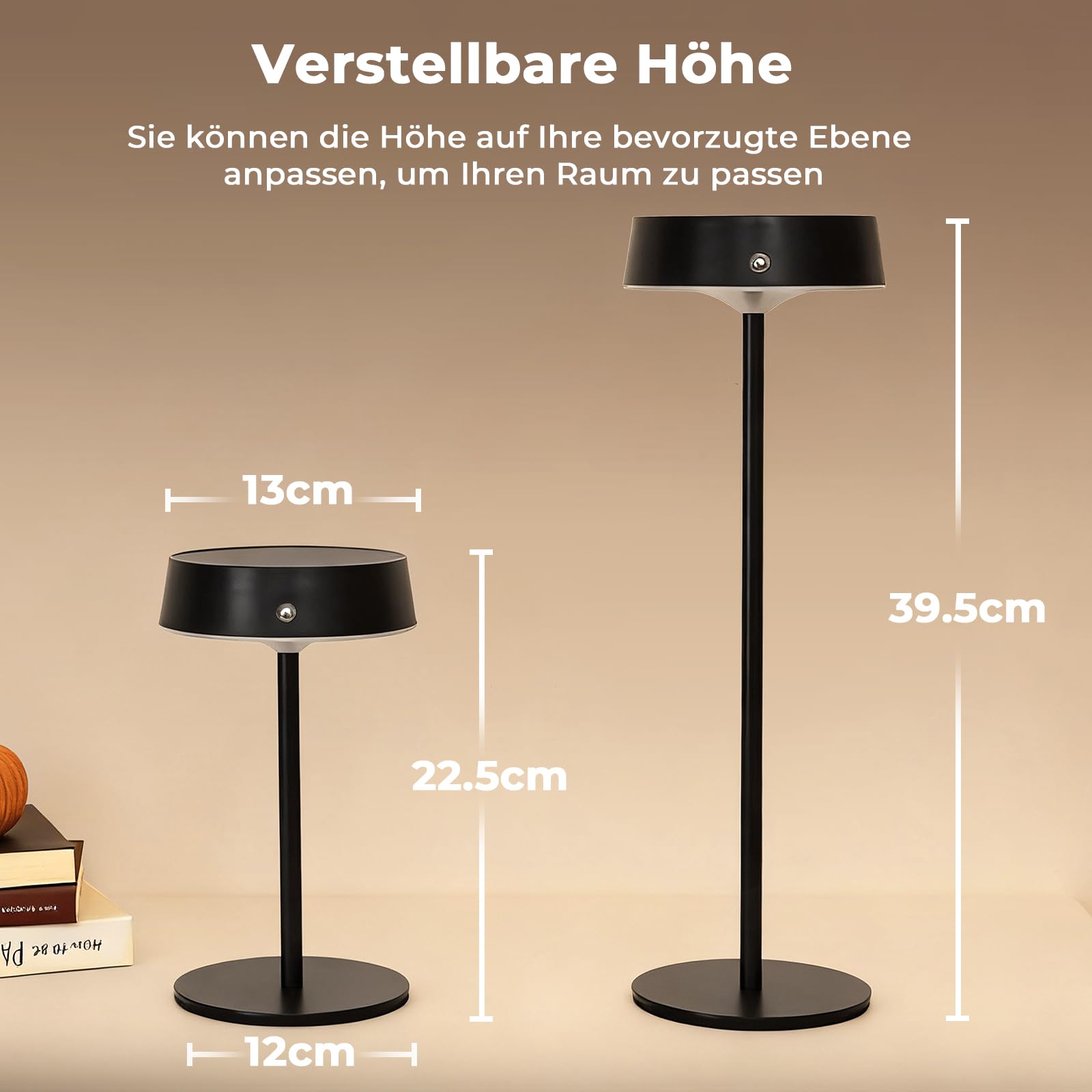 Lampe de Table LED Sans Fil 2 Pièces, Lampe Chevet Rechargeable Tactile, Hauteur Réglable, Luminosité et 3 Températures de Couleur Variables, Aluminium Noir IP65, Pour Salon Chambre
