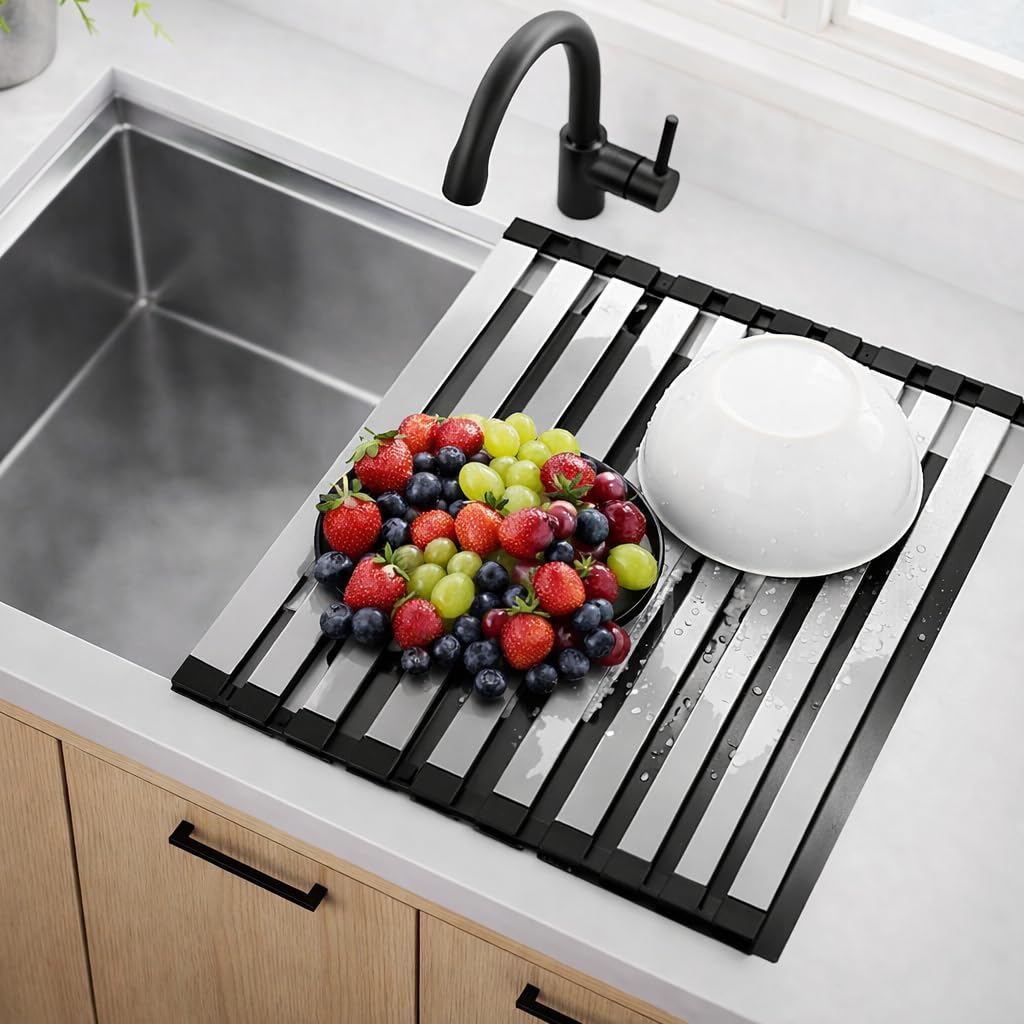 Dish Drying Rack, 17.7 x 12.8 inches (45 x 32.5 cm), 304 Stainless Steel, Foldable, Dish Drying Rack, Above Sink, Kitchen Storage, Trifoldable, Sink Workbench, Drying Mat, Rust-resistant, Easy to Clean, Heat Resistant, Increased Cooking Area, Increased Cooking Space, Compatible with Tableware, Pots, Cutting Boards, Silver