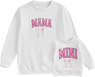 Mommy and Me Matching Outfits Cute Bow Mama and Mini Long Sleeve Crewneck Sweatshirt Tops Mother Baby Matching Clothes