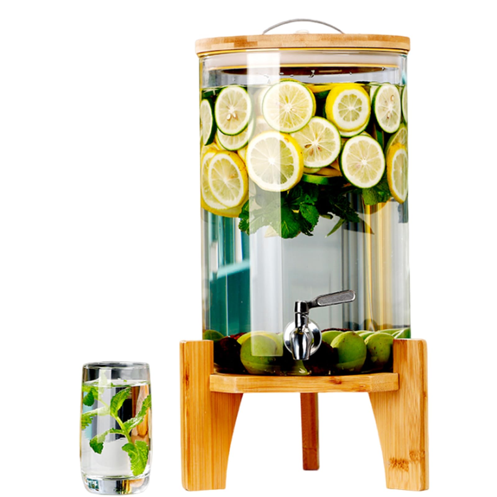 Distributeur De Boissons en Verre avec Support Et Couvercle, Infuseur à Fruits Et Cylindre à Glace 5 L, 7,5 L, 10 L, 15 L pour Boissons Chaudes Ou Froides, Eau Glacée,7.5L