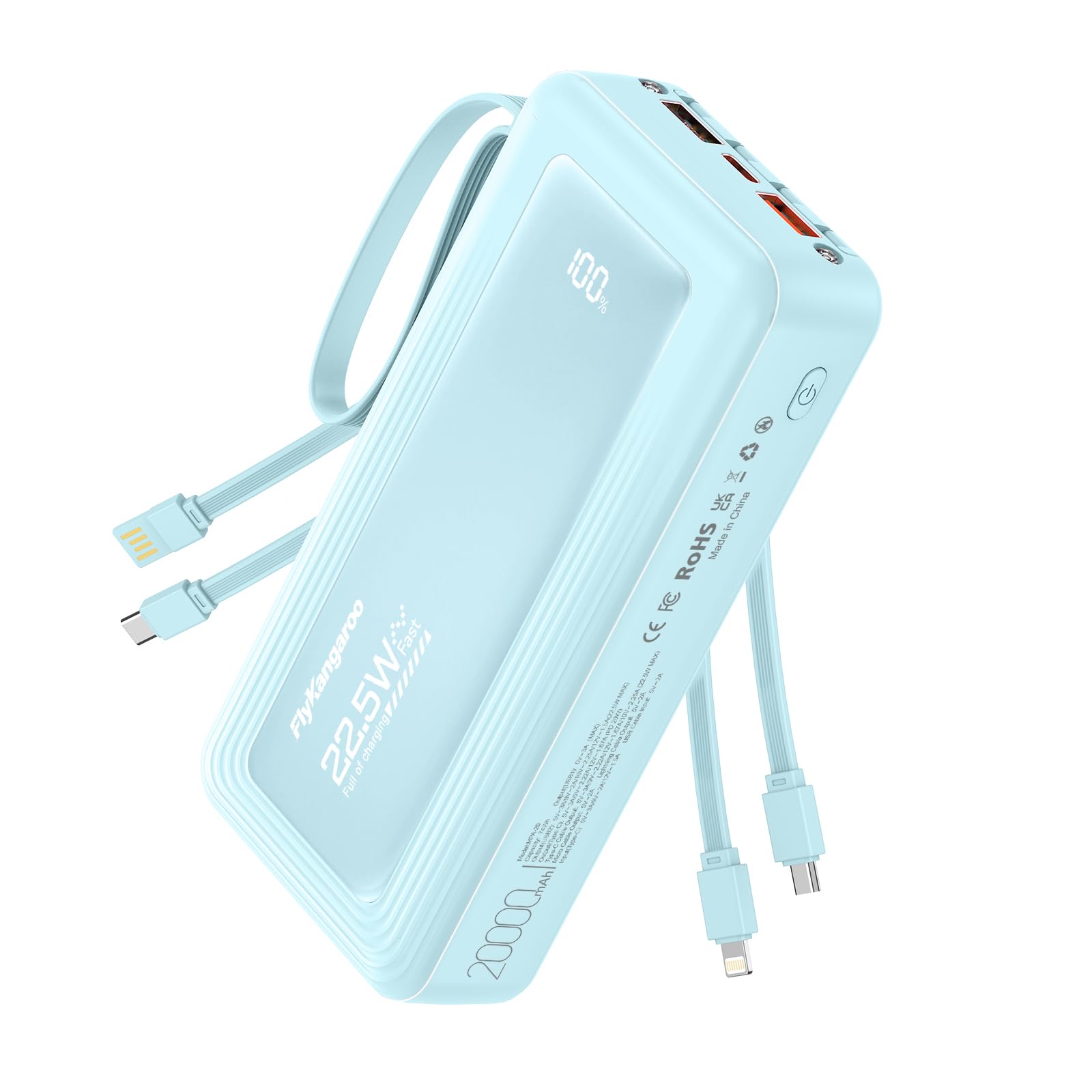 FlyKangaroo Power Bank 20000mAh(2026 Upgrade), 22,5W Powerbank Externer Handyakkus mit Kabel, 6 Ausgängen & 2 Eingängen, Tragbares Ladegerät mit LED Display Kompatibel mit für iPhone, Samsung, Pixel