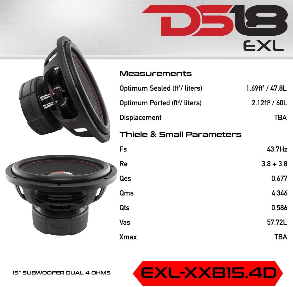 Suреr Chеар 🛒 DS18 EXL-XX15.4D Subwoofer in Black - 15 Speaker, 4,000 Max Power, 2,000 RMS Power, Fiber Glass Dust Cap, Red Aluminum Frame, Dual Voice Coil 4+4 Ohm Impedance, Treated Rubber Edge (1 Speaker)