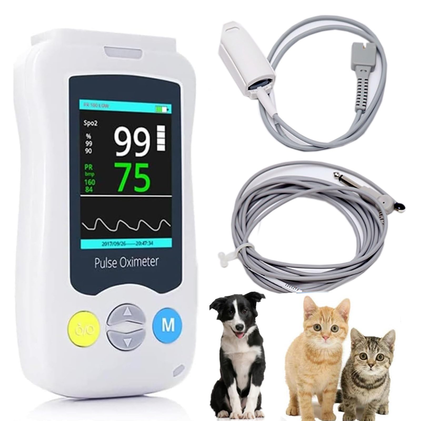 Pulsossimetro per Animali - Display HD LCD da 2,4 Pollici, Sensore Auricolare/Linguetta, con Sonda per L'Ossigeno nel Sangue + Linea di Temperatura, per Gatti, Cani E Piccoli Animali