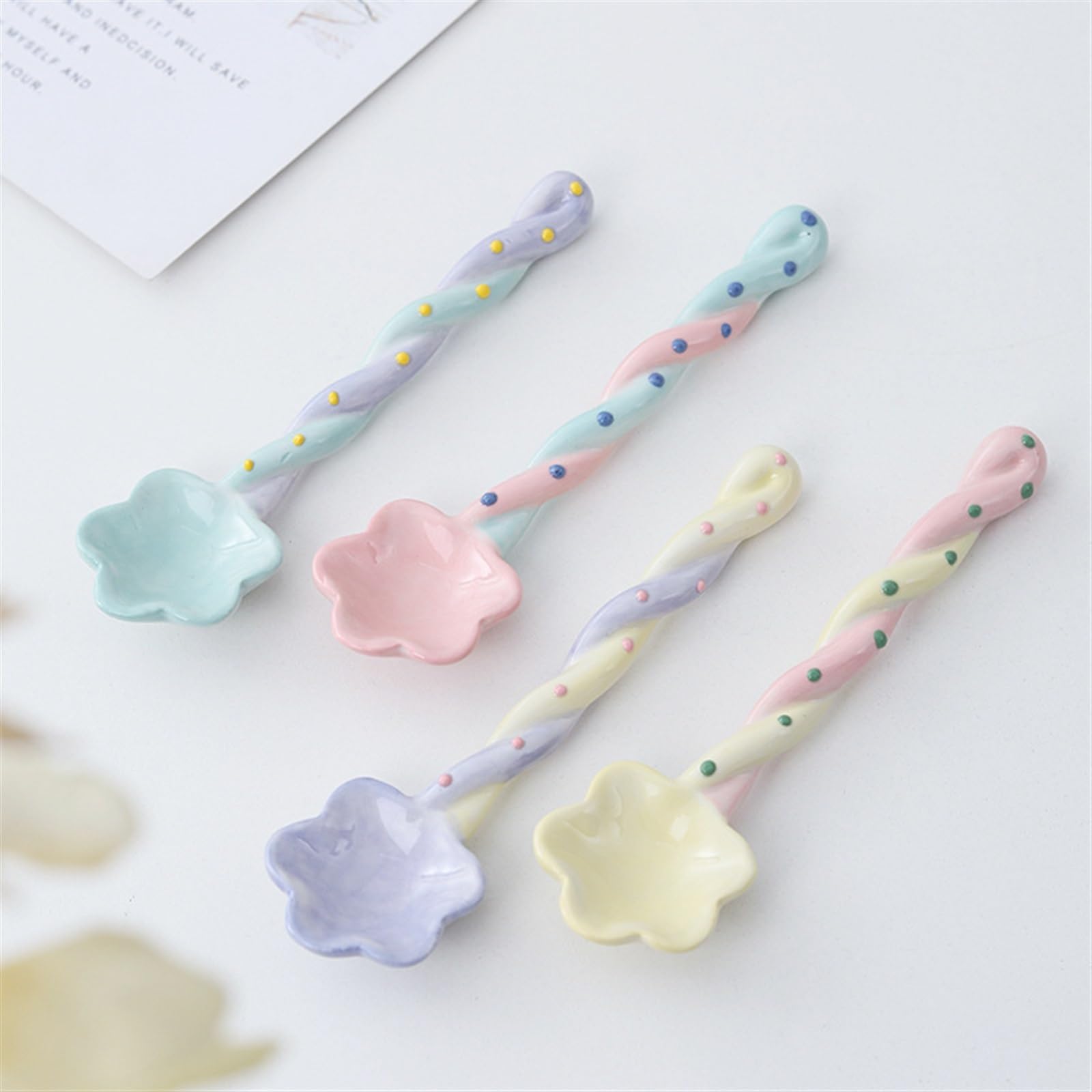 Cuillère à Soupe Mignonne en céramique, cuillères en Forme de Fleur, cuillère à café, cuillère à Dessert, cuillères à Glace, cuillères à thé, cuillère à dîner à Long Manche(Yellow)