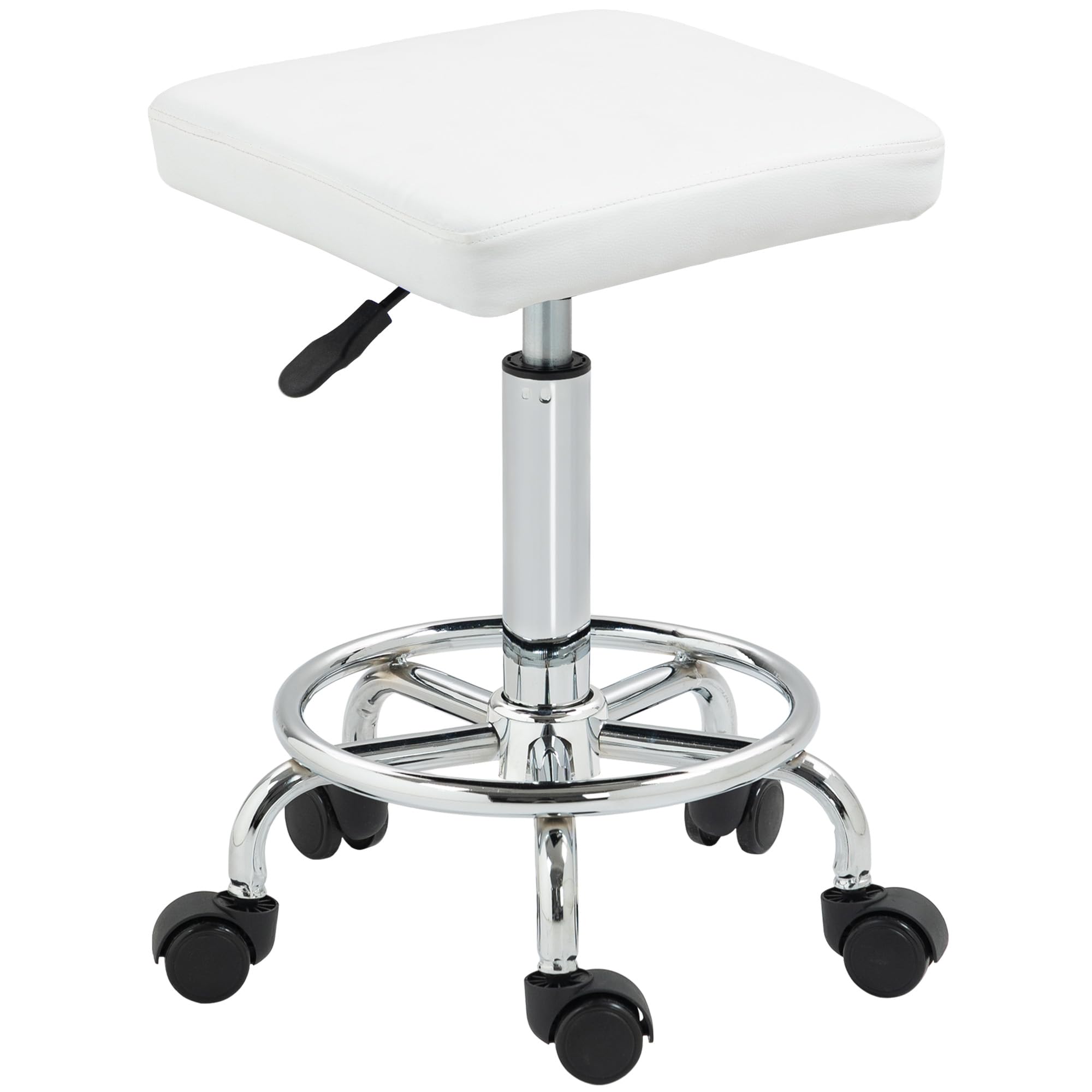 HOMCOM Taburete Giratorio Taburete con Ruedas Altura Regulable 50-66 cm Asiento Tapizado de Cuero Sintético Reposapiés para Salones y Talleres Blanco