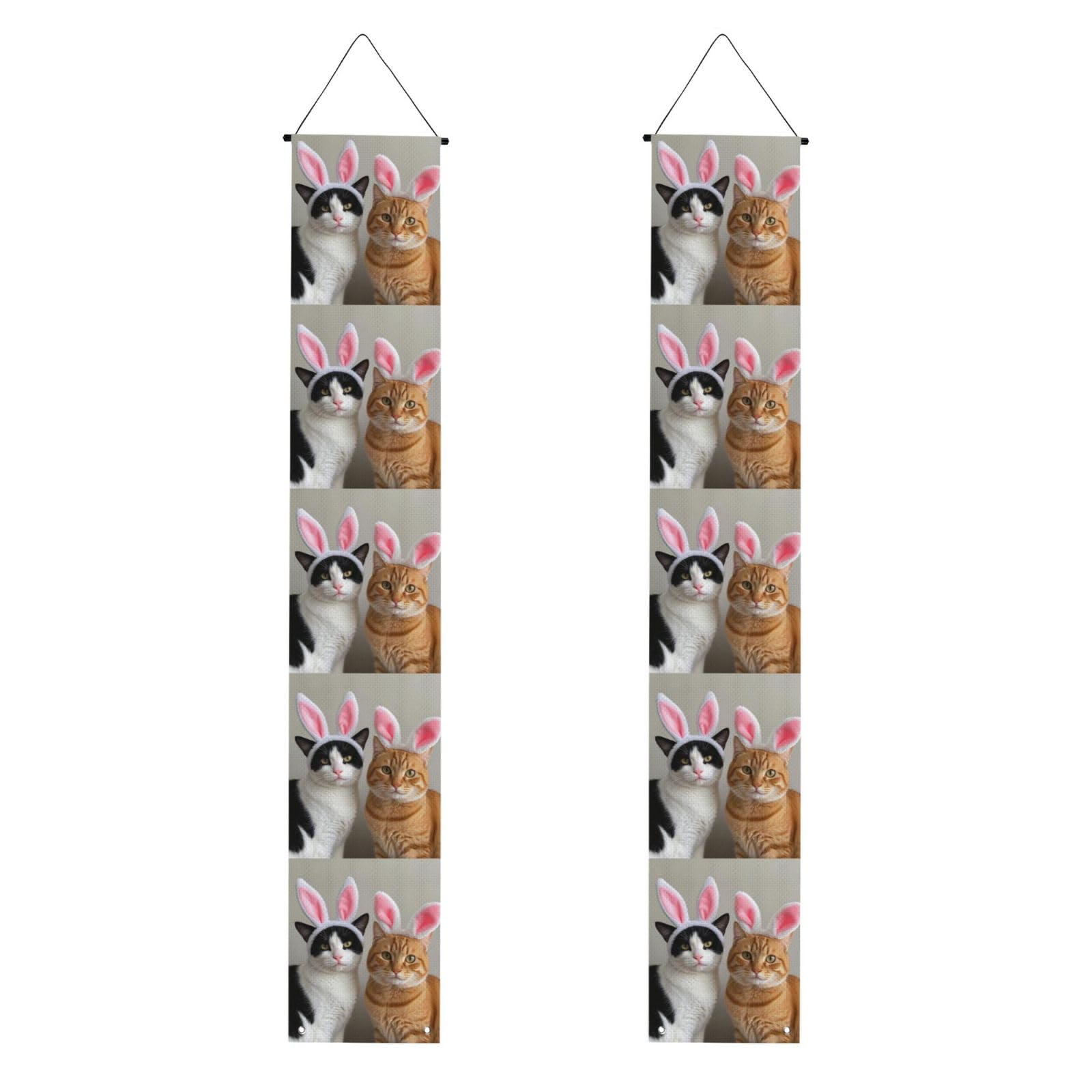 Cow cat and ginger cat wearing bunny ears Porch Banner 2PCS, Summer Hanging Flag Party Porch Sign Front Door Hanging Decorations for Indoor Outdoor Holiday Yard Decor Wall Backdrop 71 x 12 Inch