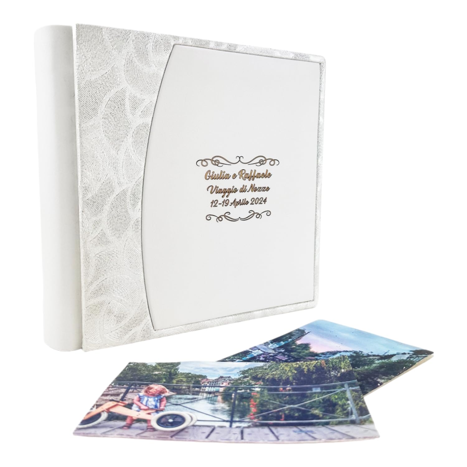 Album fotografico - Arcos - produzione artigianale in similpelle, personalizzabile con incisione. classico con velina, Matrimonio, Compleanno, Regalo, Wedding, Anniversario (Bianco/Saffiano R.Bianco)