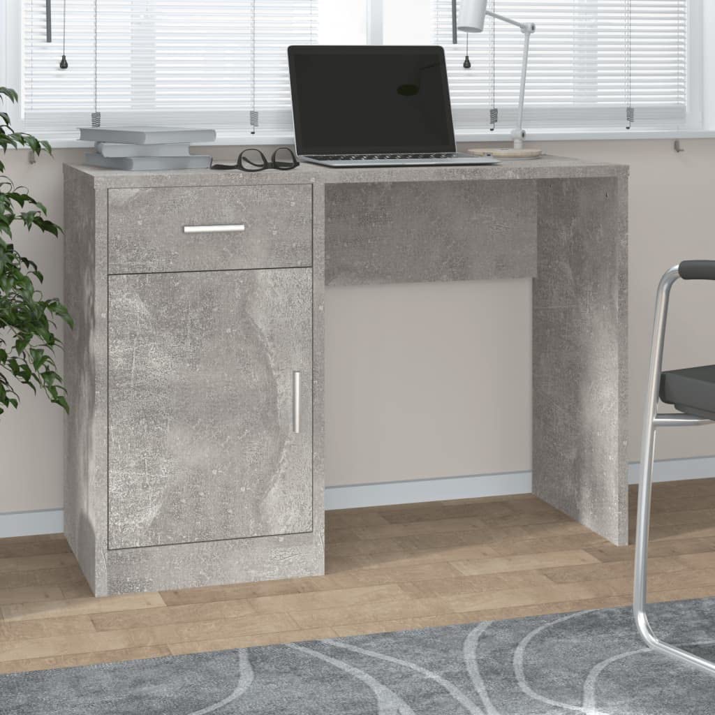 Schreibtisch Betongrau 100x40x73 cm mit Stauraum Holzwerkstoff Büroarbeitsplatz Computertisch mit Schublade und Schrank für Homeoffice und Arbeitszimmer