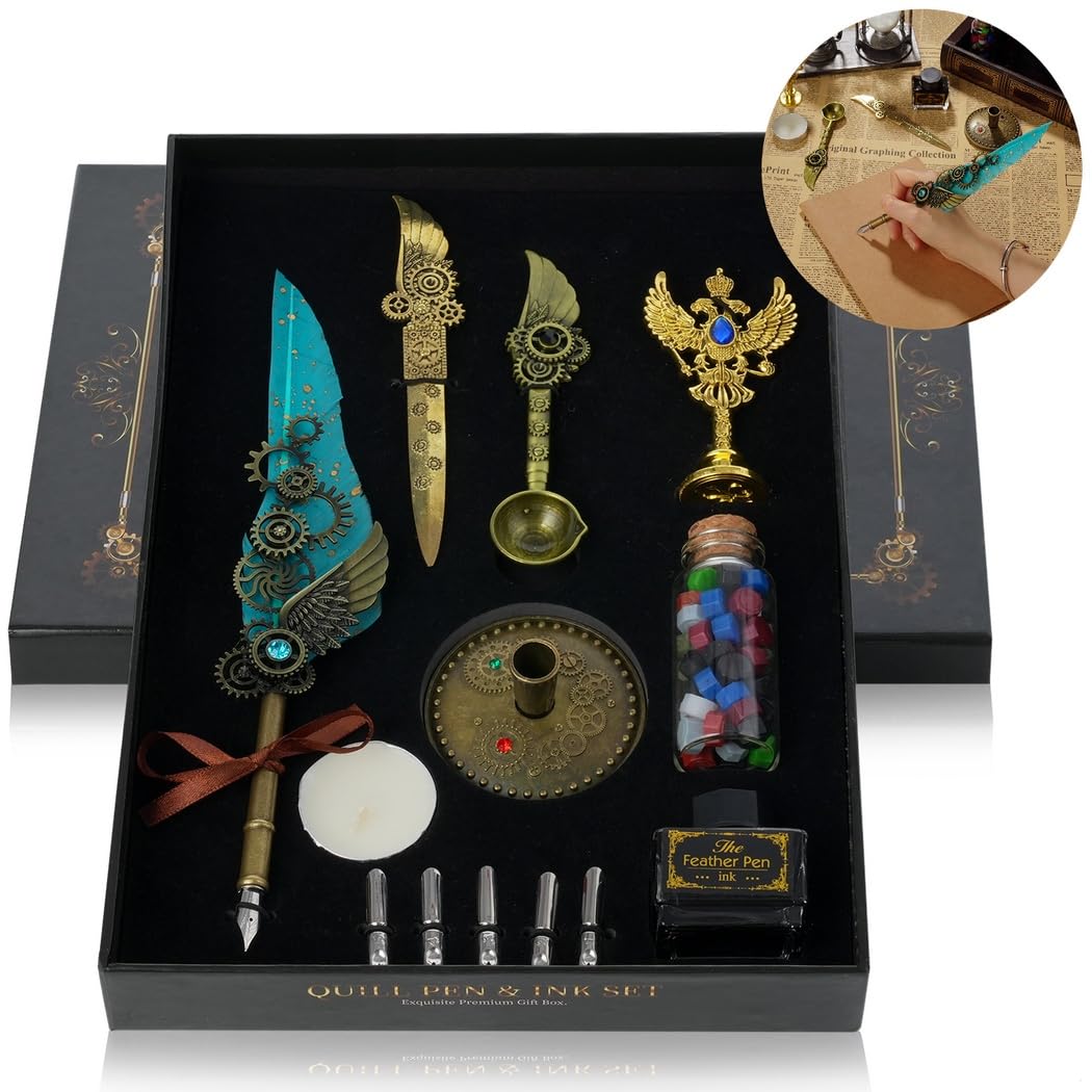 Set penna piuma con inchiostro, sigillo di cera e 5 pennini, kit per calligrafia vintage steampunk, per scrittori