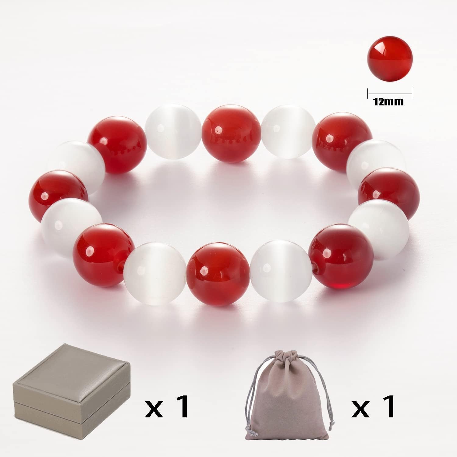 Red and White Agate Cat Eye Crystal Natural Stone Beaded Stretch Bracelet, Unisex Christmas Birthday Gift For Man Women (12MM)