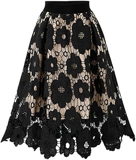 Skirt Soft Womens Flared Lace Printed Knee Length Skater Stretch Ladies Crotch Skirt Long Skirt with Pockets