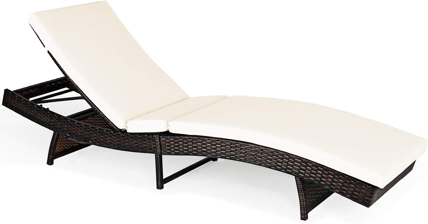 DORTALA Outdoor Adjustable Folding Chaise Lounge, Foldable Patio Lounge Chair with Removable Thick Cushion, 5 Adjustable Levels, Leisure Reclining Chair forPool Side, Balcony, White