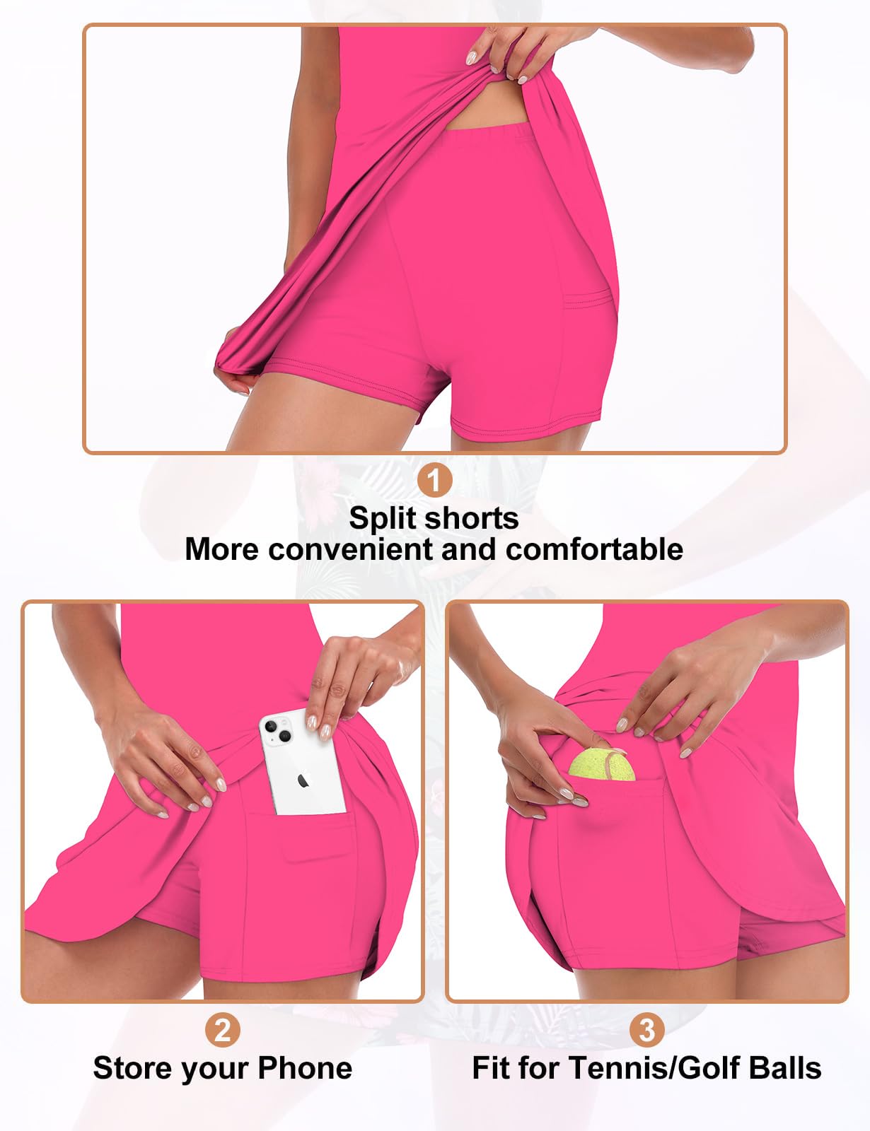 Viracy Tennis- und Golfkleid für Damen, ärmellos, mit Innenshorts, Taschen, Rüschen und Stehkragen mit Reißverschluss.