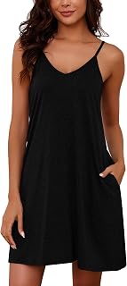 Marvmys Women's Cotton Sleeveless Nightgown Spaghetti Strap V-Neck Short Slip Sleep Dress with Pockets