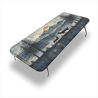 Table Skirt for Folding Tables, Mountain Wildlife Silhouette on Plaid Wood Pattern Printed on Wrinkle Resistant Desk Cover, for Snug Slip-Resistant Fit During Lively Occasions, 4FT (24"x48")