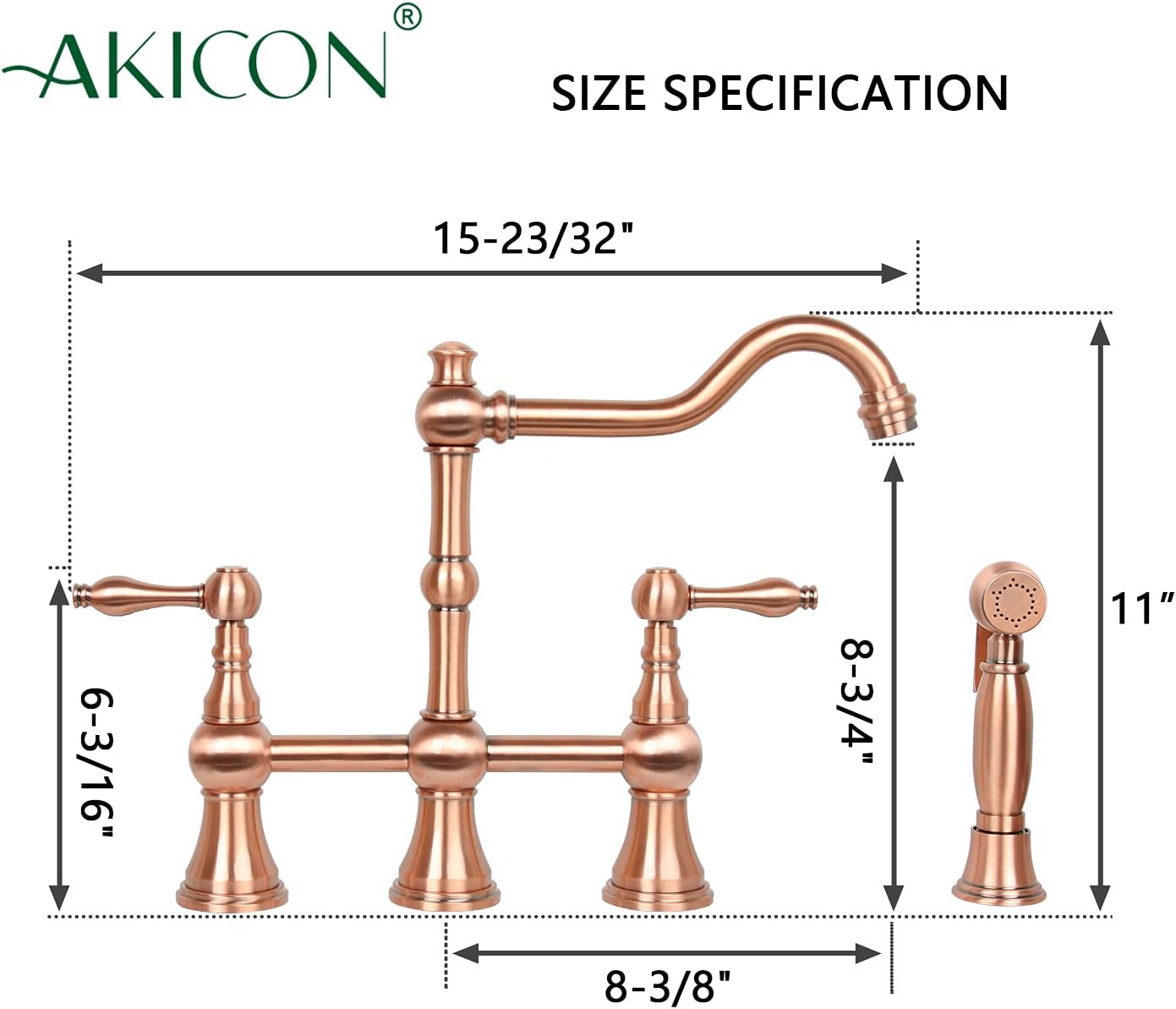 Two-Handles Copper Bridge Kitchen Faucet with Side Sprayer - Five Years Warranty-Akicon