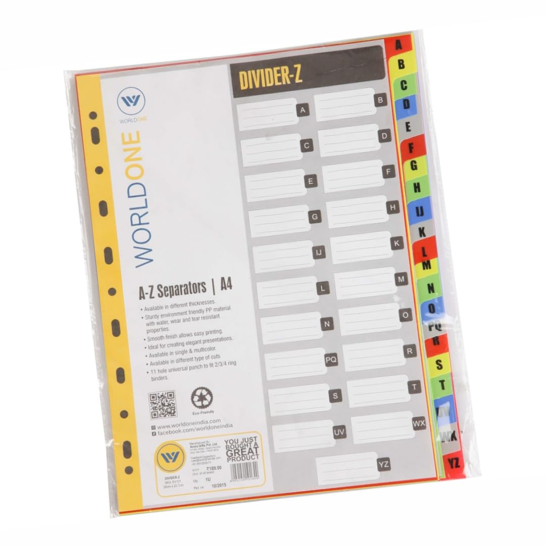 Worldone Multicoloured Divider, A-Z Marked Tabs for Easy Customisation, Tear Resistant PP Material, Smooth Finish, 11 Universal Punch, 2 Packs of A4 size-21 Separators, Ideal for Presentations 4
