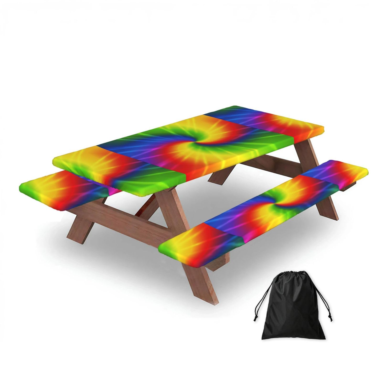 Dopklna As Picture Tie Dye Rainbow, Picnic Table Cover With Bench Covers -Waterproof Elastic Fitted Tablecloth For Garden Camping Patio 76X152cm