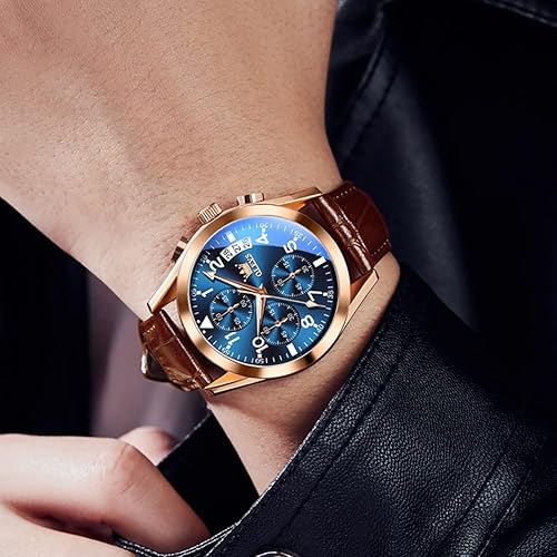 Miniatura 2 de OLEVS Relojes de hombre de cuero marrón con fecha, relojes casuales para hombre, relojes de cara grande para hombre, cronógrafo para hombre, reloj