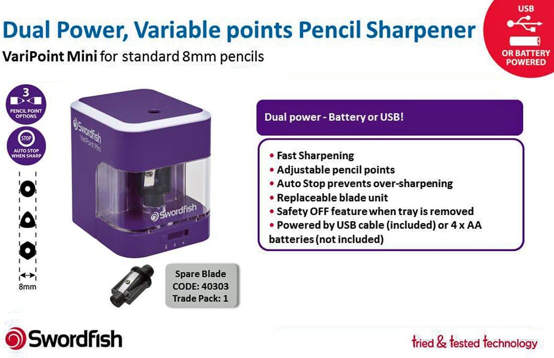 Swordfish ‘VariPoint Mini’ Dual Power Pencil Sharpener with Pencil Point Options and Auto Stop Function [40304]