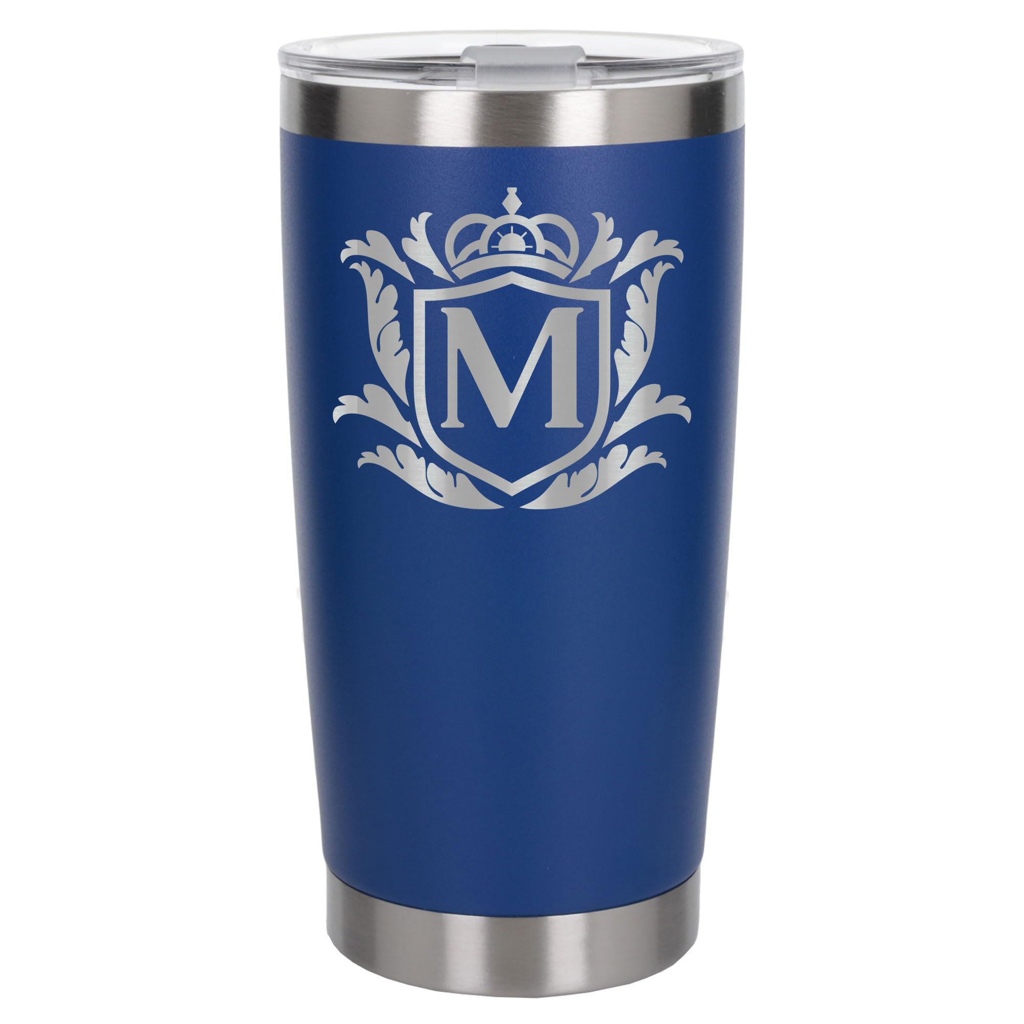 Customised Gifts 500ml Engraved Shield Initial Monogram Insulated Personalised Dark Blue Travel Mug for Men and Women - Personalised Initial Coffee Travel Mug for Hot and Cold Beverages, Letter M