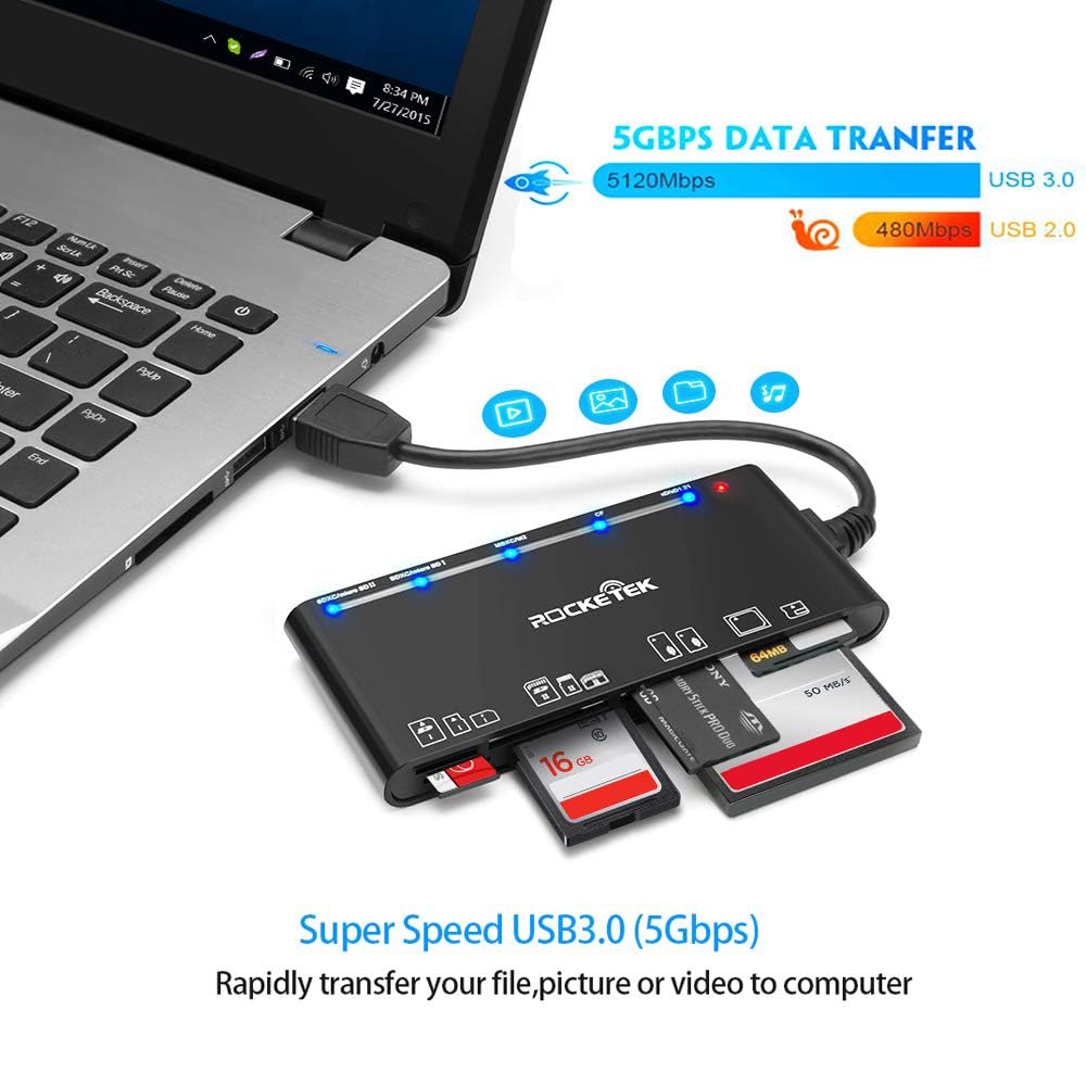Lettore di schede USB 3.0, 7 in 1 SD/TF/CF/MS/XD/Micro SD Lettore di schede di memoria con USB3.0 (5 Gbps) Super Speed, compatibile con Windows/Linux/Mac OS/Vista